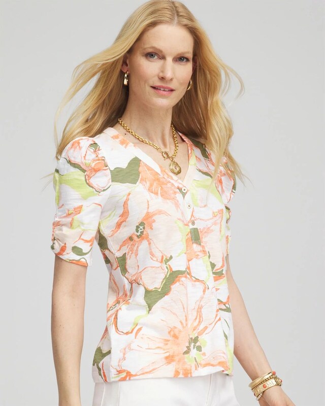 Floral Henley Shirred-Sleeve Tee